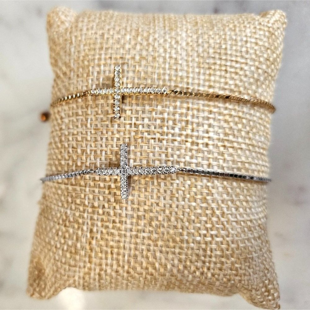 Pavé Cross Bracelet made with Cubic Zirconia, Gold Plated Silver or Silver